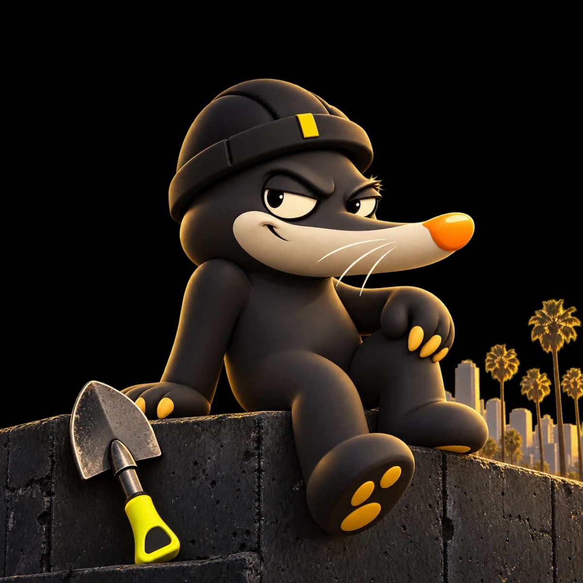 TRENCH, the Open Trench mole, sitting on a concrete ledge
